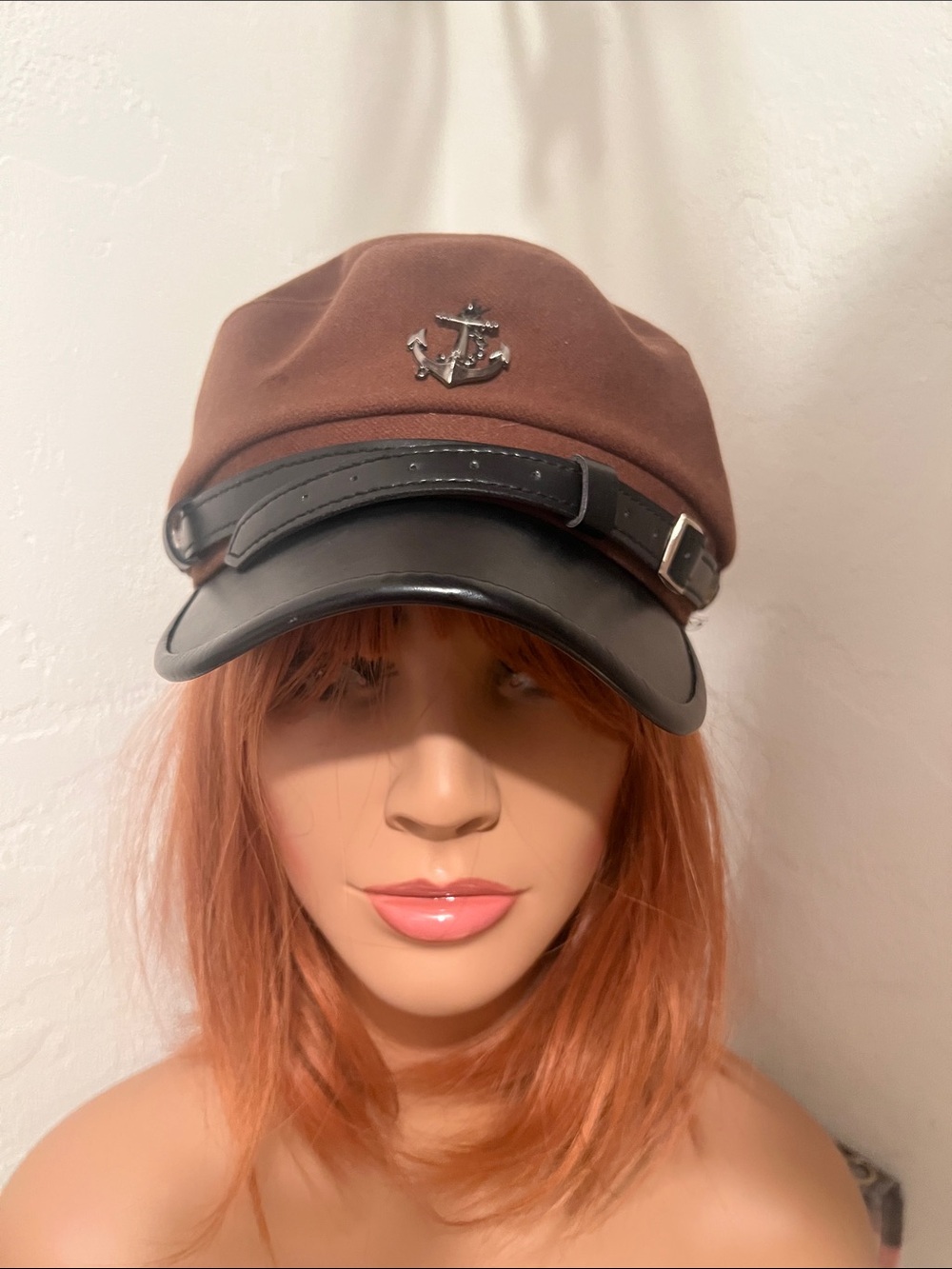 Brown Canvas Sailor Cap with Black Faux-Leather Brim